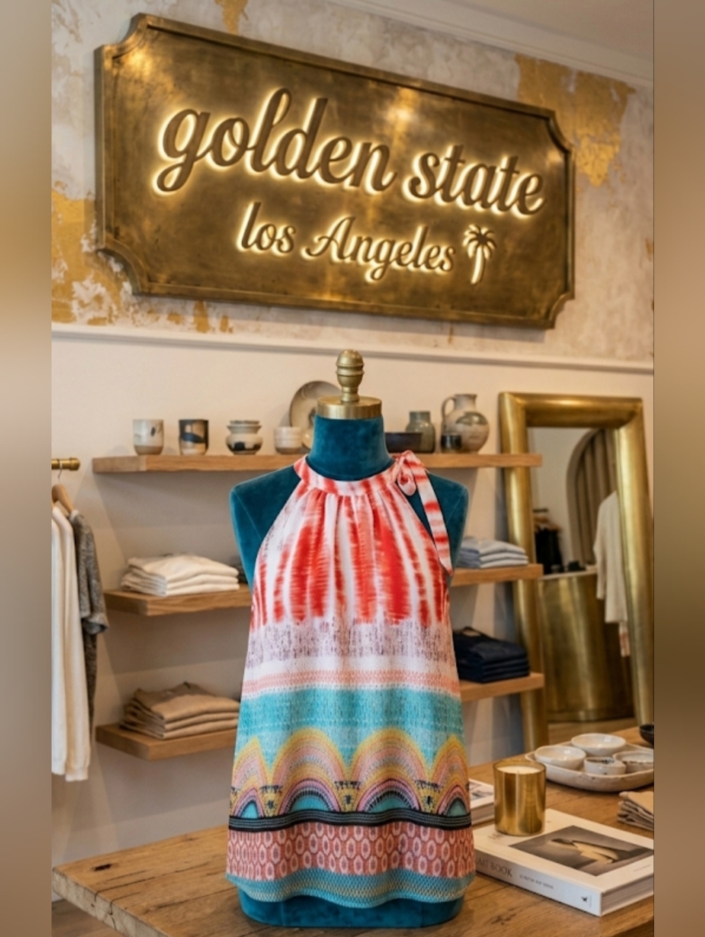 🌴Golden State LA Vibrant Abstract Pattern Halter Top - Medium - NWOT🌴